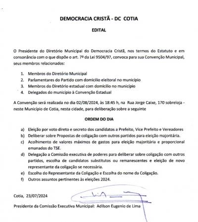 Convenção do Democracia Cristã acontecerá dia 2 de agosto